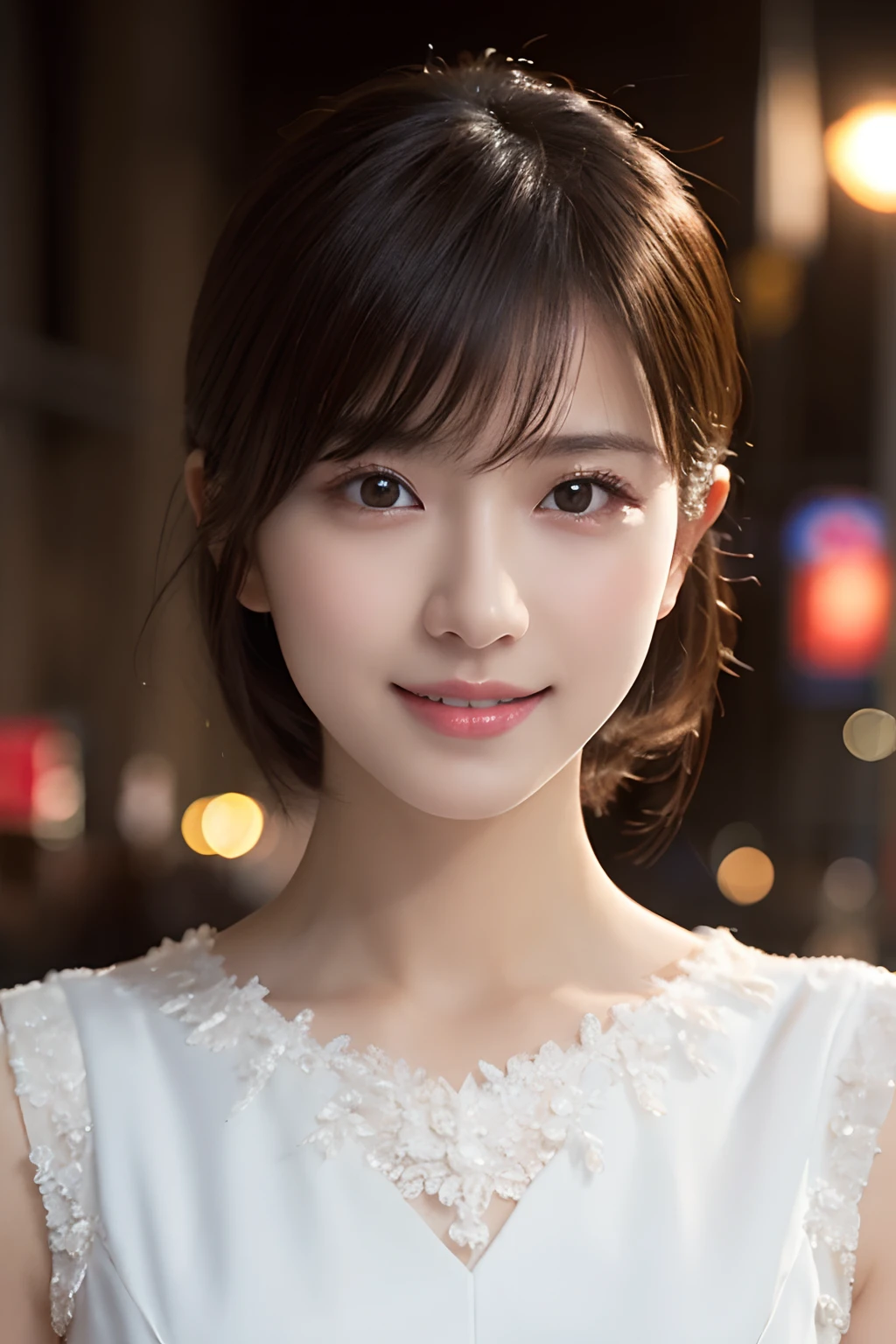 1girl in, (Wearing a white classy dress:1.2), (Raw photo, Best Quality), (Realistic, Photorealsitic:1.4), masutepiece, Extremely delicate and beautiful, Extremely detailed, 2k wallpaper, amazing, finely detail, the Extremely Detailed CG Unity 8K Wallpapers, Ultra-detailed, hight resolution, Soft light, Beautiful detailed girl, extremely detailed eye and face, beautiful detailed nose, Beautiful detailed eyes, Cinematic lighting, city light at night, Perfect Anatomy, Slender body, Smiling