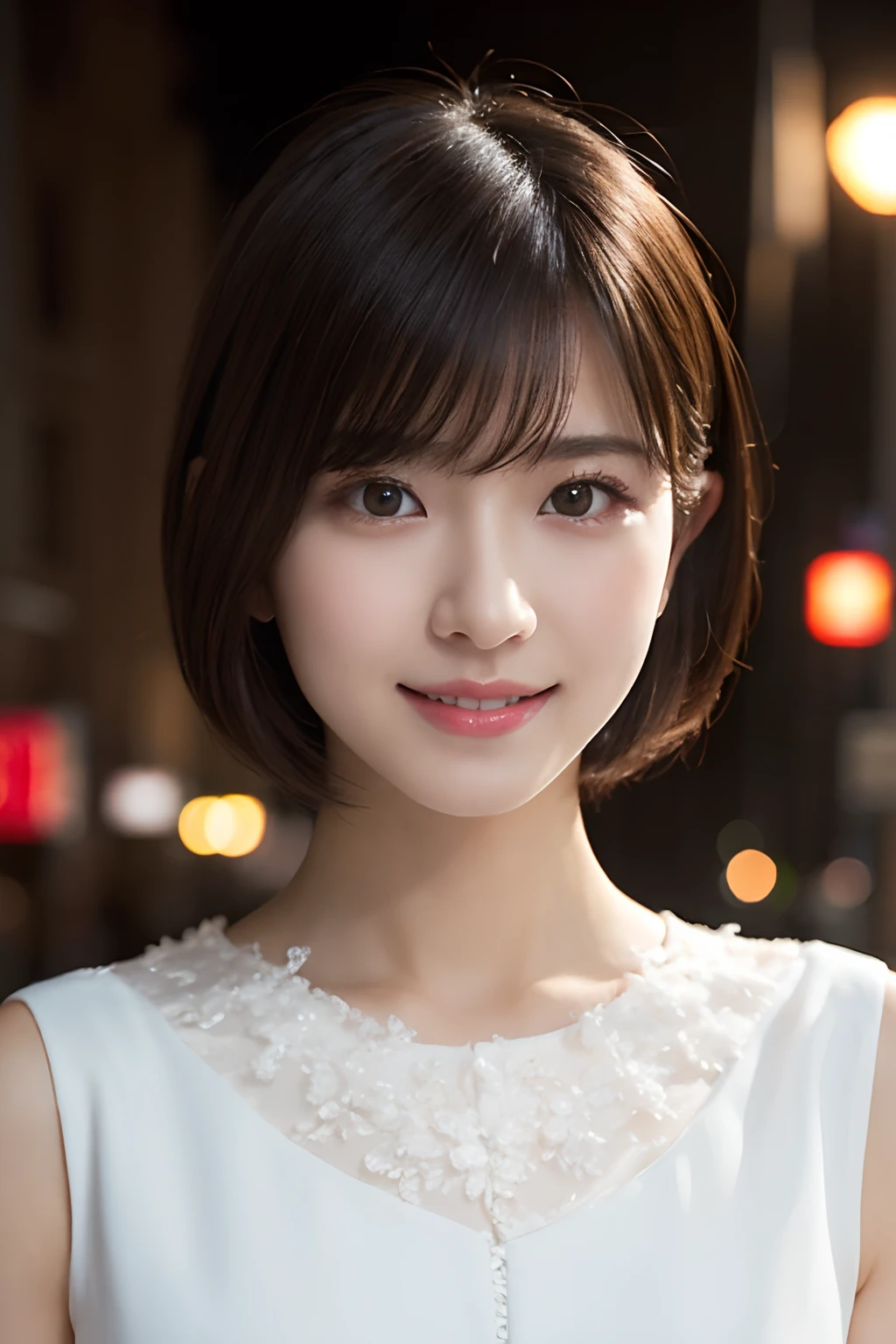 1girl in, (Wearing a white classy dress:1.2), (Raw photo, Best Quality), (Realistic, Photorealsitic:1.4), masutepiece, Extremely delicate and beautiful, Extremely detailed, 2k wallpaper, amazing, finely detail, the Extremely Detailed CG Unity 8K Wallpapers, Ultra-detailed, hight resolution, Soft light, Beautiful detailed girl, extremely detailed eye and face, beautiful detailed nose, Beautiful detailed eyes, short hair, 
bangs, Classy rounded bob, Cinematic lighting, city light at night, Perfect Anatomy, Slender body, Smiling