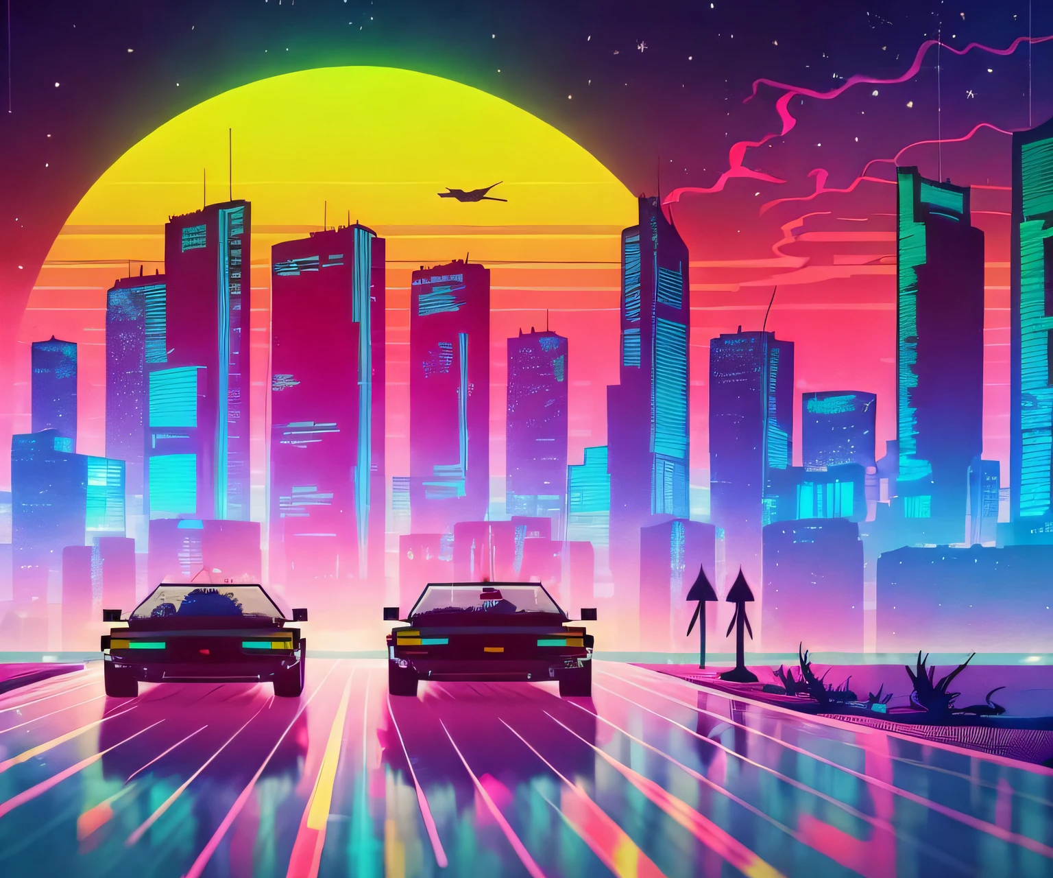 Pixel-Art-Illustration eines Cyberpunk-Stadtbildes bei Nacht mit Wolkenkratzern, Neonlichter, Anschlagtafeln, autos, Theaterzelt, & Elektrische Leitungen. Retro-Videospiel Pixelart City. [Science-Fiction, Hirngespinst, Historisch]