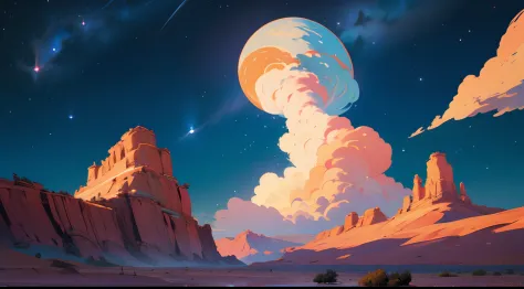 Create a Studio Ghibli-style image of a celestial, star-filled night sky above an otherworldly desert landscape
