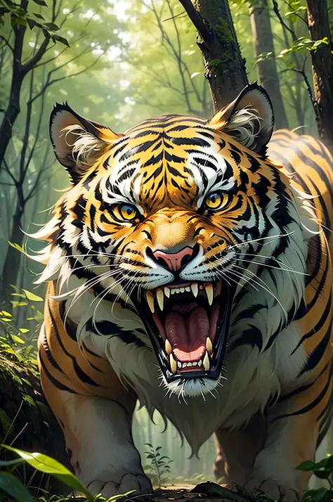 A bengal tiger in a forest, with  dark yellow eyes, while roaring,