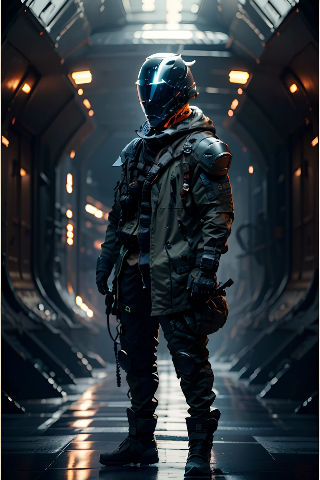 a futuristic outfit, detailed full face helmet, detailed clothes, full body, (apocalyptical), male character, front and side view,