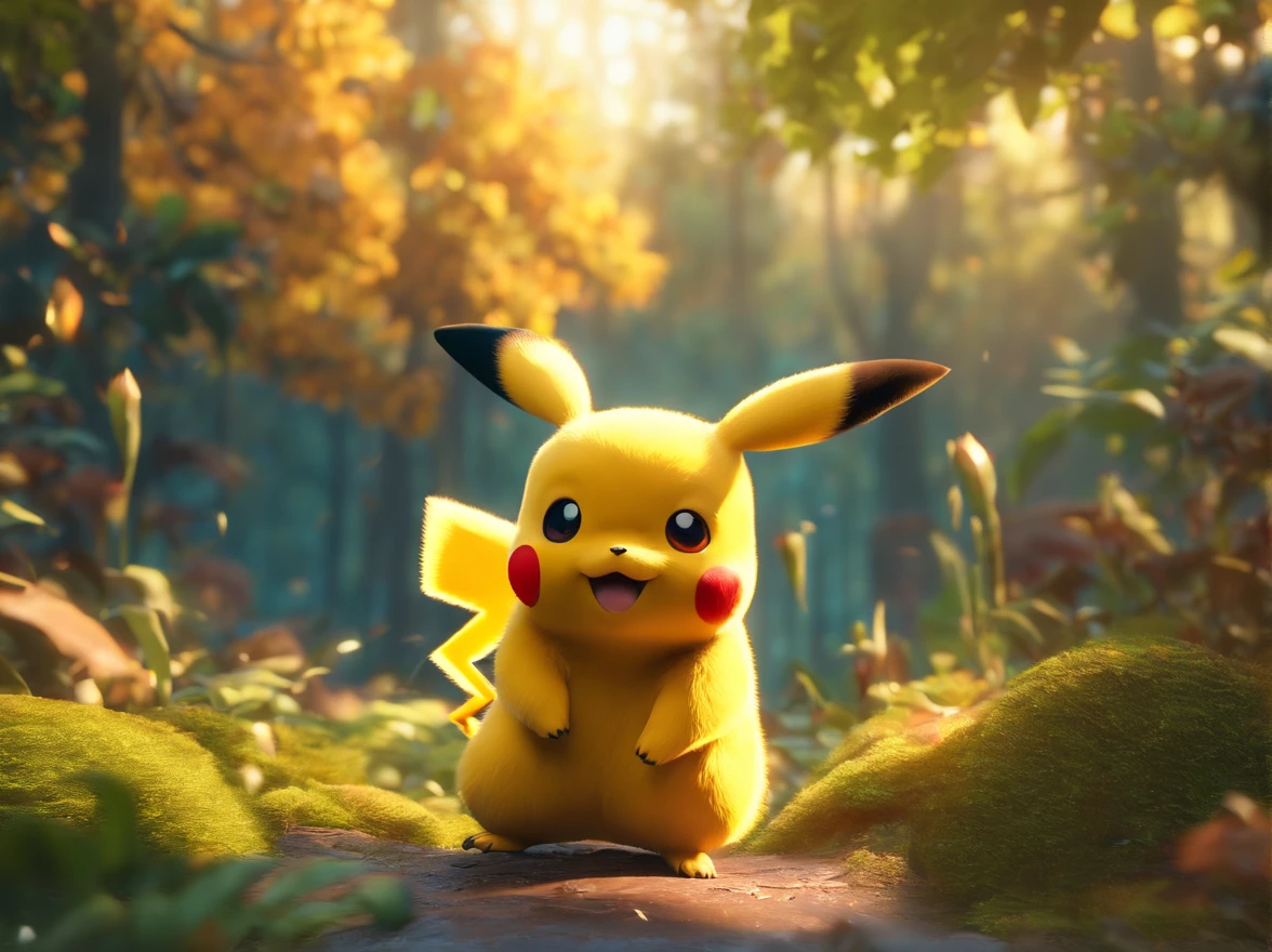 Pokemon pikachu está sentado sobre una roca en el bosque - SeaArt AI