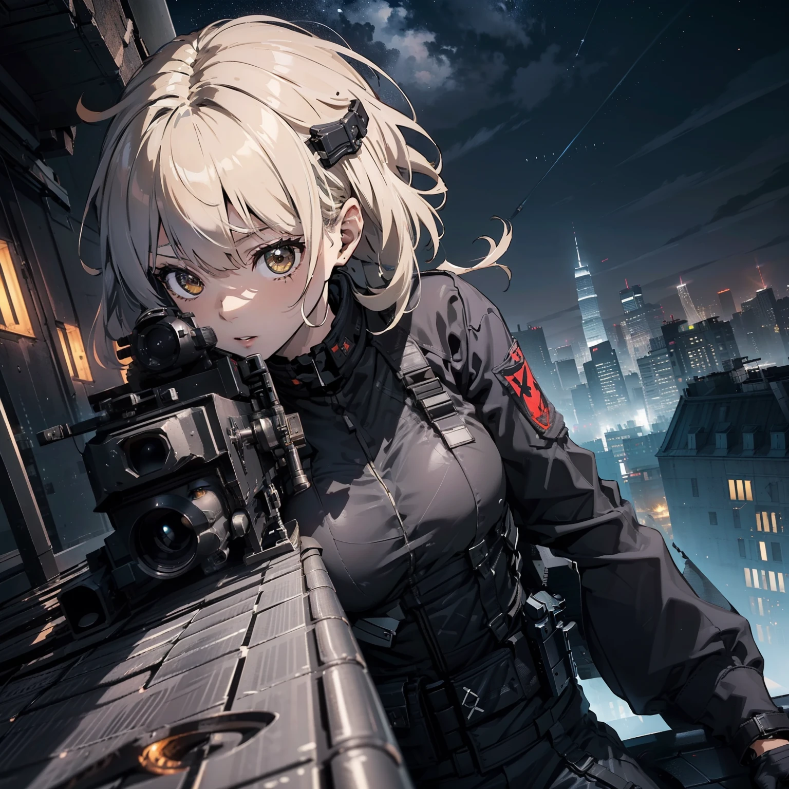 (Trained female soldiers)、((Aim and fire your rifle:1.4、Sniper stance、guns、h&K HK416))、1 Women、thick body、(Black combat uniform)、(platinum-blonde-hair:1.2)、((超A high resolution))、Detail Write、​masterpiece、top-quality、extremely details CG、8K picture quality、Cinematographic lighting、lensflare、(Skyscraper rooftop at night:1.4)、Hyper-detailing、((Dynamic Angle Bust Shots:1.4))、Detailed firearm depiction、Rifle with perfect detail、Perfect barrel that does not distort、Fighter in the sky、Military drones