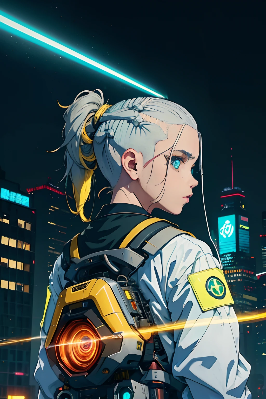 anime girl with carrier pack and (((white, yellow and grey uniform))) in  the city, (((side head shaved ))) high hip strings, optic fiber filaments,  - SeaArt AI