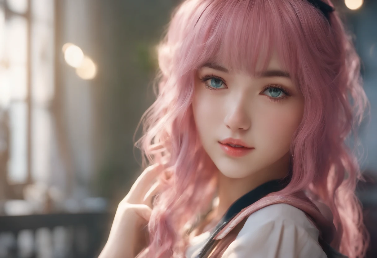 anime girl with pink hair and blue eyes wearing a vest, render of april, sayori, close up iwakura lain, 8k portrait render, render of a cute 3d anime girl, photorealistic anime girl render, smooth anime cg art, close up of a young anime girl, anime visual of a cute girl, rin, anime moe artstyle