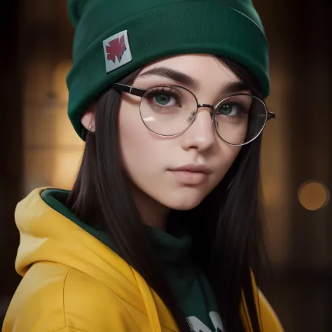 killjoy valorant, focused upper body, one girl wearing perfect glasses and green beanie hat, yellow hoodie, sparkling brown eyes...