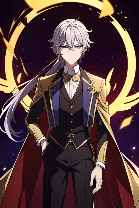 he had light bloonde messy hair, blue eyes, medium build, wearing zhongli's attire is elegant and form-fitting, consisting of a ...