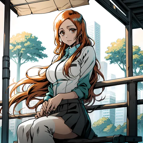 orihime innoue from "bleach" anime, sitting on a park bench, black skirt, tv tokyo animation, tite kubo style, bleach anime art,...