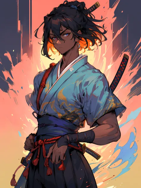 best quality, masterpiece, 1boy, mature male, dark skin, medium hair, samurai, blue haori, holding a katana, simple background