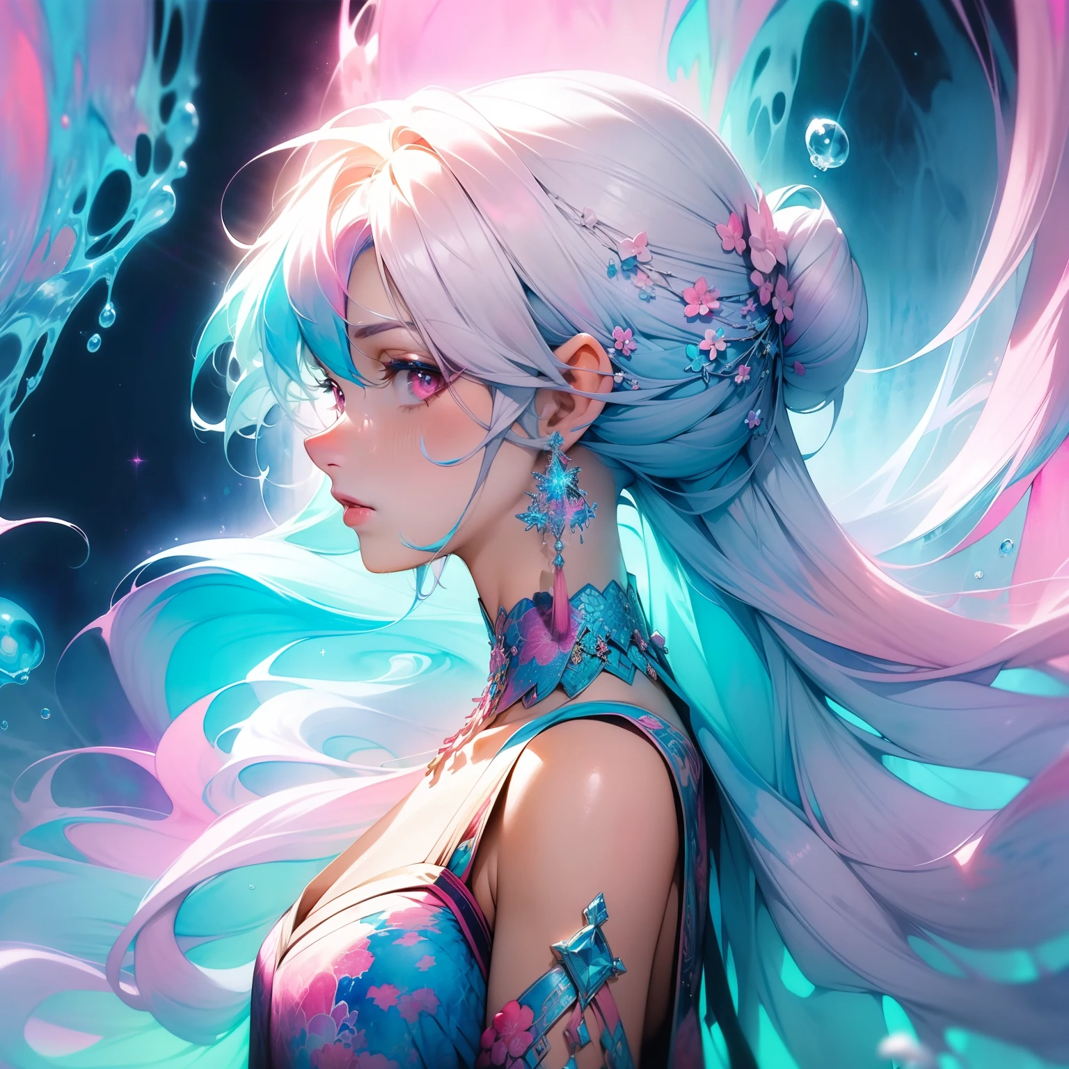 (masterpiece, top quality, best quality,watercolor (medium),official art, beautiful and aesthetic:1.2),(1girl:1.3), (fractal art:1.3),upper body, from side, looking at viewer,patterns,(rainbow color Hair,colorful hair,half blue and half pink hair:1.2),water,liquid, cloud,colorful, starry,stars,