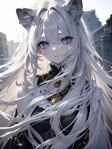 (Masterpiece, Best quality, ultra high resolution),1girl, grey hair,(mane, extremely long hair, very curly hair),lion ears,lion ...