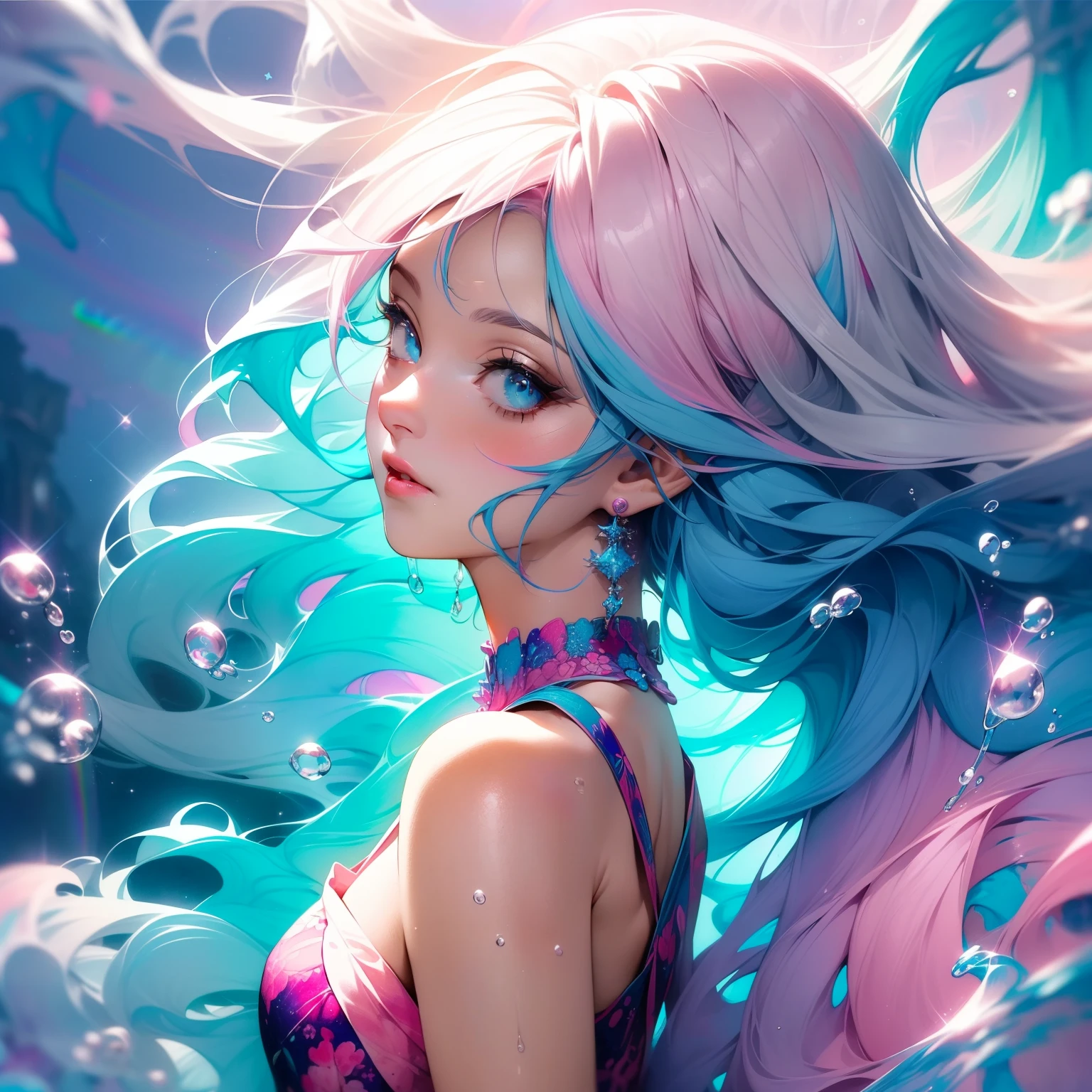 (masterpiece, top quality, best quality,watercolor (medium),official art, beautiful and aesthetic:1.2),(1girl:1.3), (fractal art:1.3),upper body, from side, looking at viewer,patterns,(rainbow color Hair,colorful hair,half blue and half pink hair:1.2),water,liquid, cloud,colorful, starry,stars,