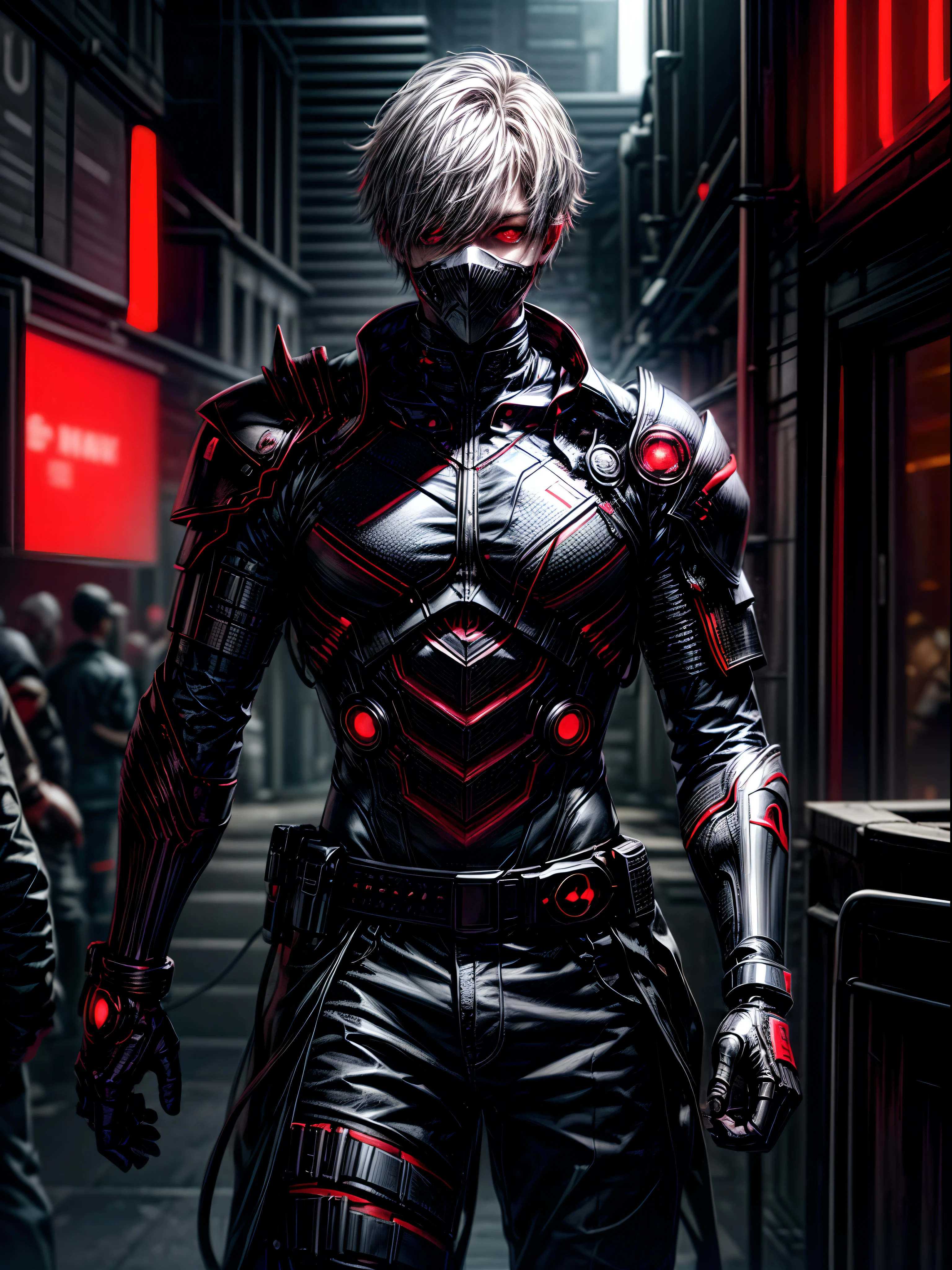 1boy, high resolution, ultra detailed, best quality, amazing, top quality, extremely detailed CG unity, detailed glowing red eyes, depth of field, red clothes, half cyborg body, cinematic lighting, , cyberpunk, dark boy, white hair, red eyes, cyborg mask