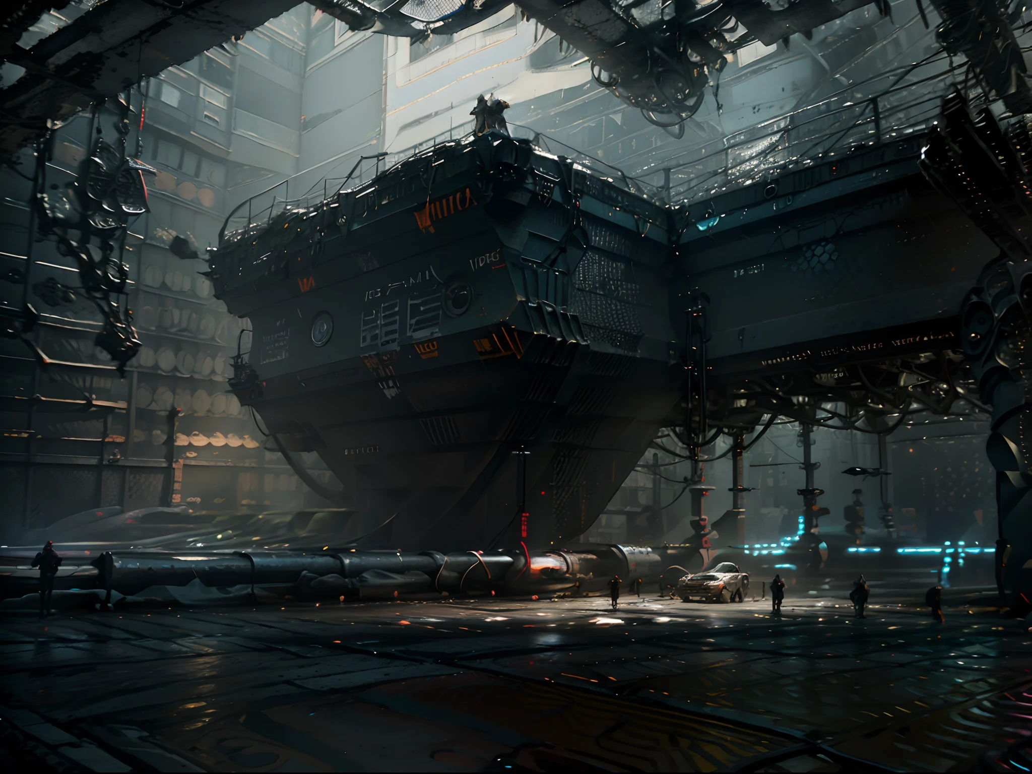 مناظر مدينة Cyberpunk مع ناطحات السحاب الشاهقة, لوحات ضوئية, والسيارات الطائرة.