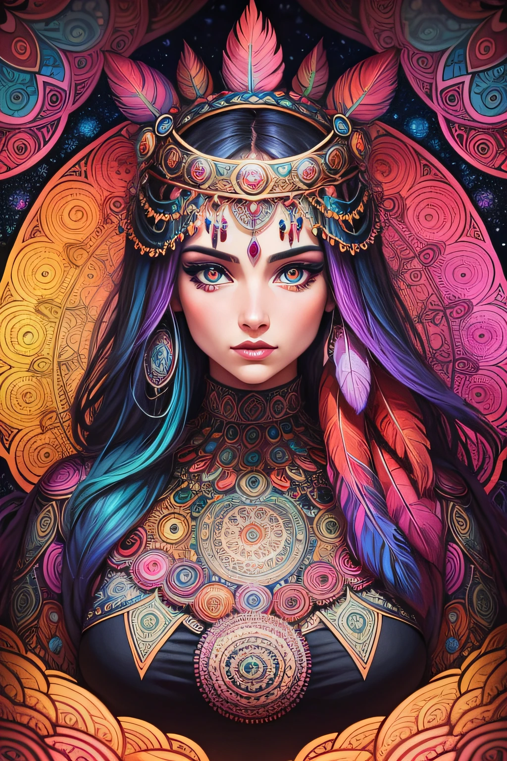 множество детальных женских психоделических мандал с глазами и перьями в стиле комиксов, великолепные яркие цвета и очень структурированные детали