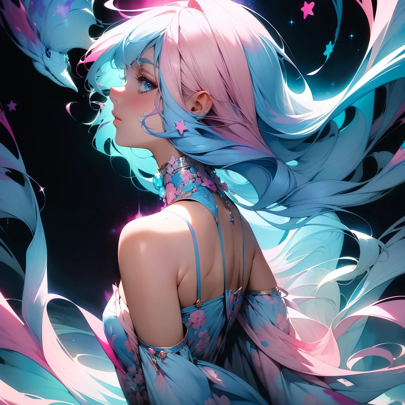 (masterpiece, top quality, best quality,watercolor (medium),official art, beautiful and aesthetic:1.2),(1girl:1.3), (fractal art:1.3),upper body, from side, looking at viewer,patterns,(rainbow color Hair,colorful hair,half blue and half pink hair:1.2),water,liquid, cloud,colorful, starry,stars,