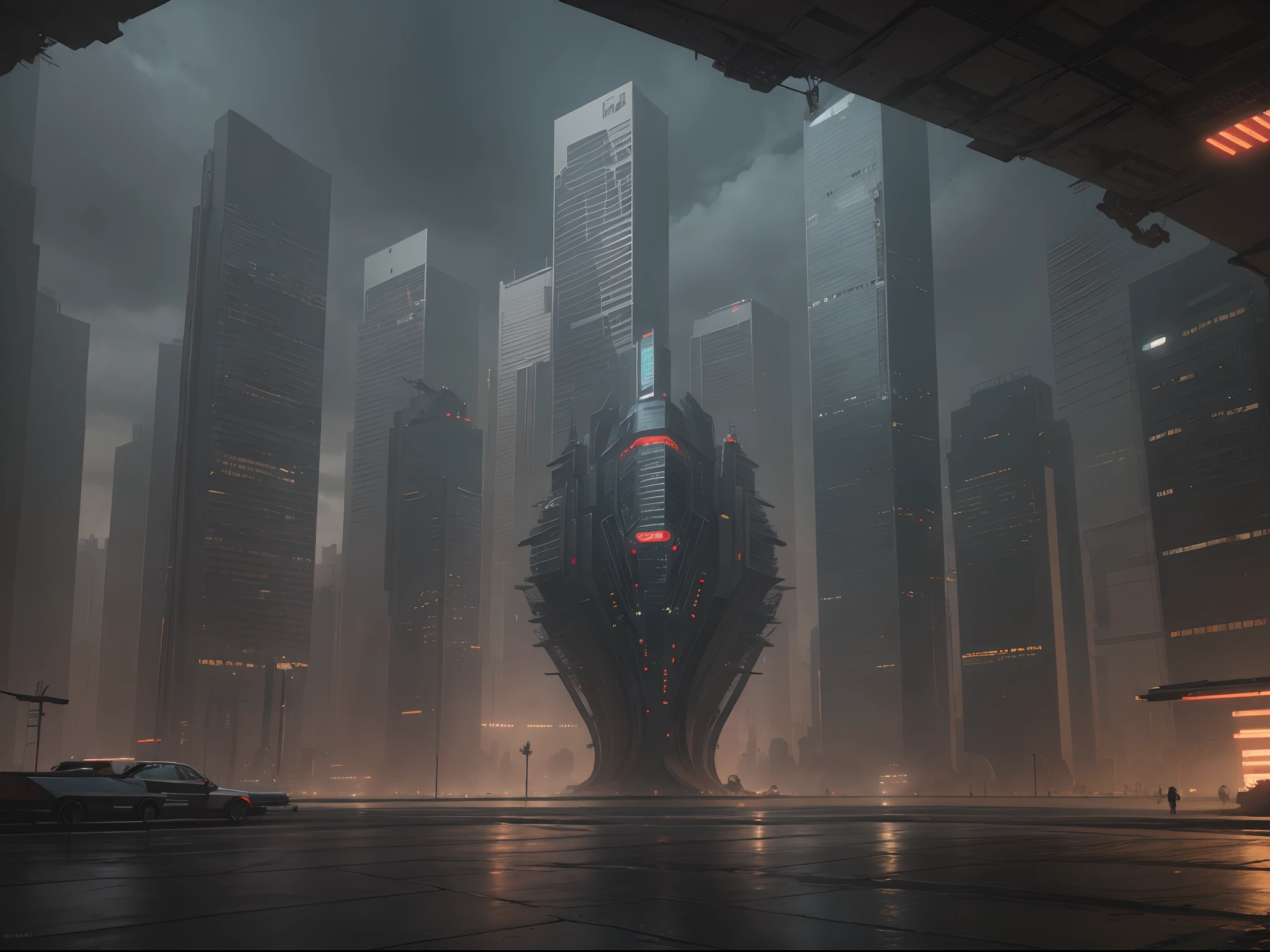 Paisagem urbana cyberpunk com arranha-céus imponentes, Placas de neon, e carros voadores.