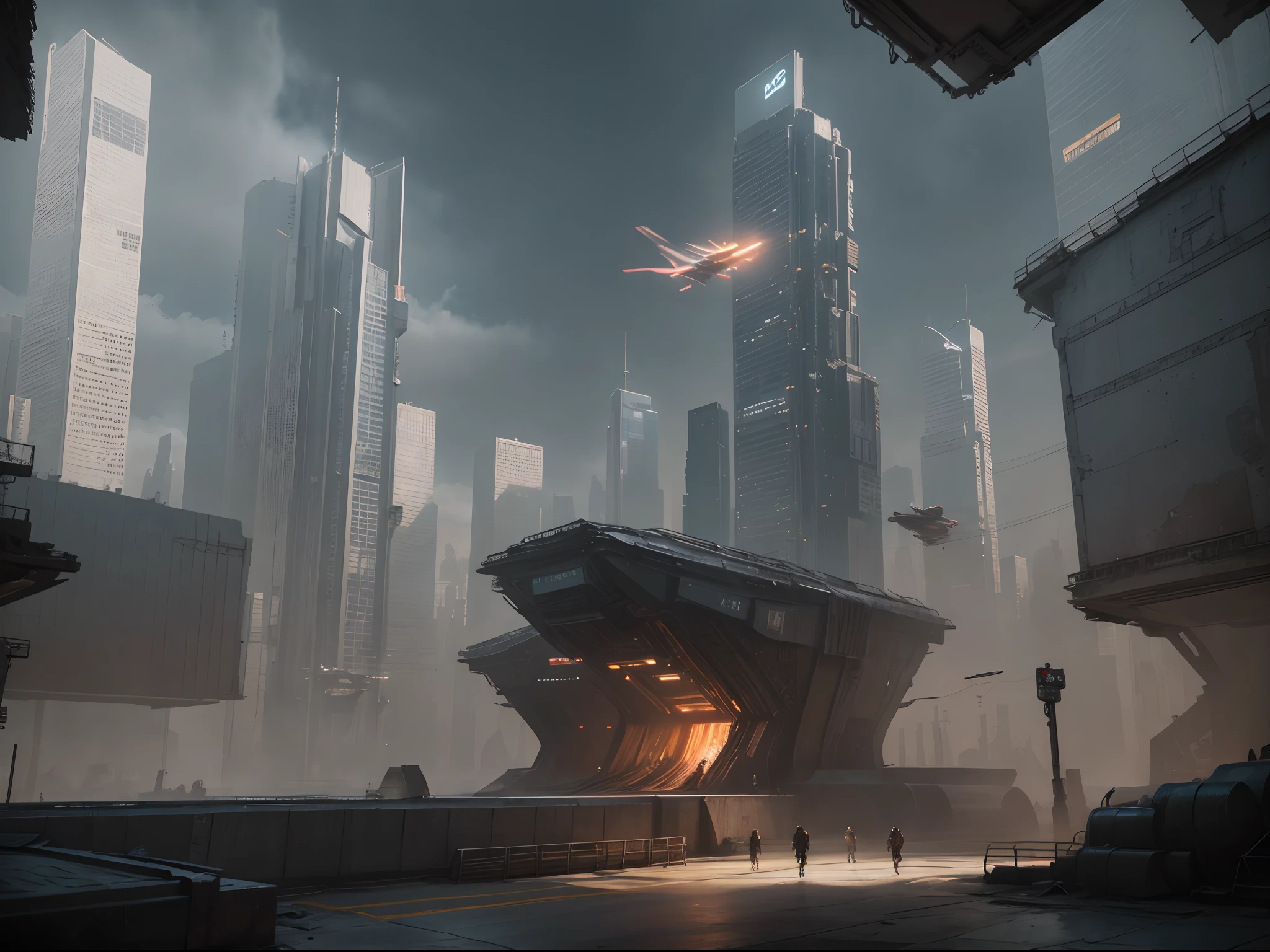Cyberpunk-Stadtbild mit hoch aufragenden Wolkenkratzern, Leuchtreklamen, und fliegende Autos.