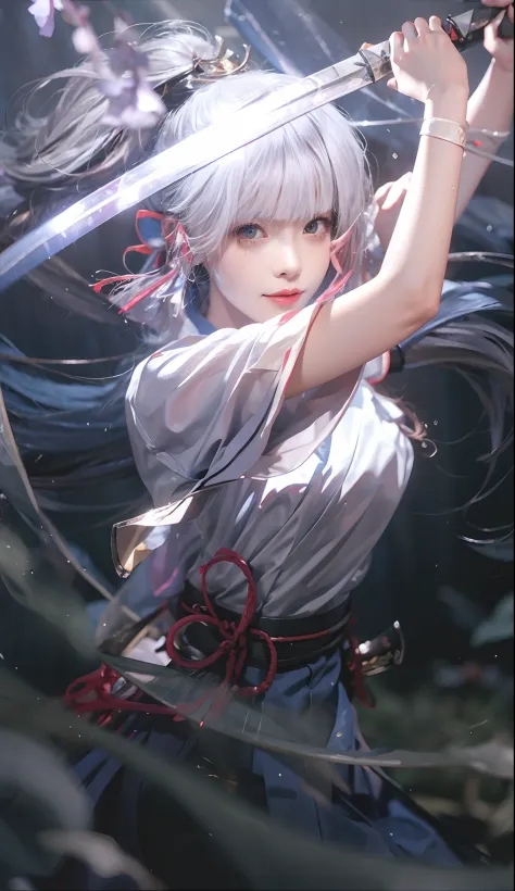 sword, weapon, holding sword, japanese clothes, katana, 1girl, long hair, solo, holding weapon, holding, silver hair, blurry, wh...