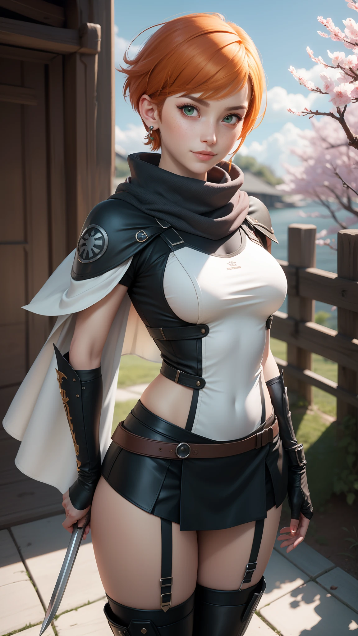 gwen tennyson,tracer,yorha 2b,rebecca chambers,samurai outfit,japan,steel armor,teenager,green eyes,garter belt, thigh high boots,short hair,orange hair,moonlight,cherry blossom,shy smile,white striped top,bodycon skirt, kimono,freckles,redhead,beautiful girl,large breasts,ultra detailed,realistic, ninja scarf,short ninja cape,holding a spear,small earrings,river,striped panties,