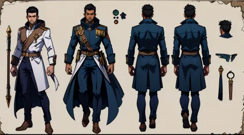 (Masterpiece, best quality), detailed, (1man), ((character concept art)), ((character design sheet, same character, front, side, back)), many items, (sci-fi spaceship captain uniform, space traveler, military cloth, many parts), (detailed red eyes, (readin...