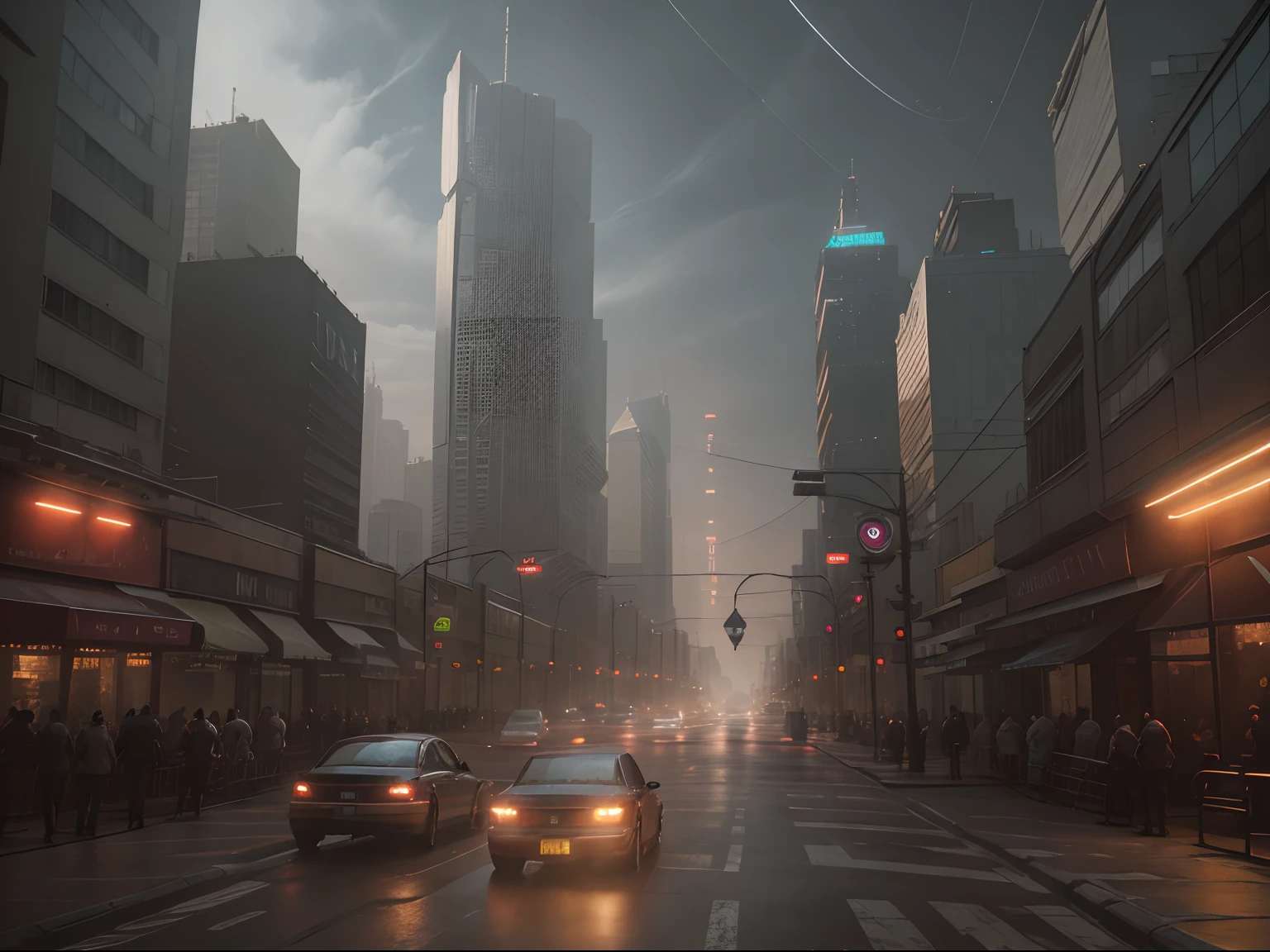 Cyberpunk cityscape street scene with towering skyscrapers, glowing neon signs and LED lights, traffic and ((flying cars)) in the sky, dark atmosphere, cinematic lighting.