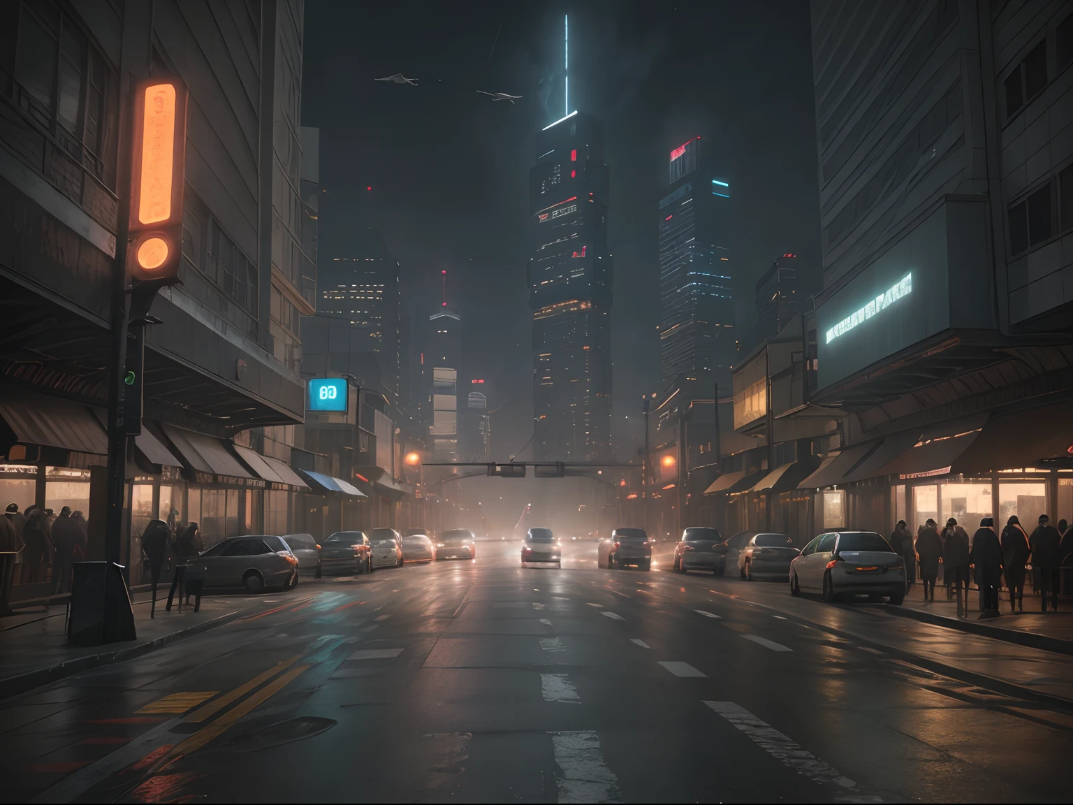 Cena de rua da paisagem urbana cyberpunk com arranha-céus imponentes, sinais de néon brilhantes e luzes LED, tráfego e ((carros voadores)) no céu, Atmosfera escura, iluminação cinematográfica.