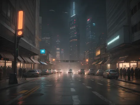 Cyberpunk cityscape street scene with towering skyscrapers, glowing neon signs and LED lights, traffic and ((flying cars)) in th...