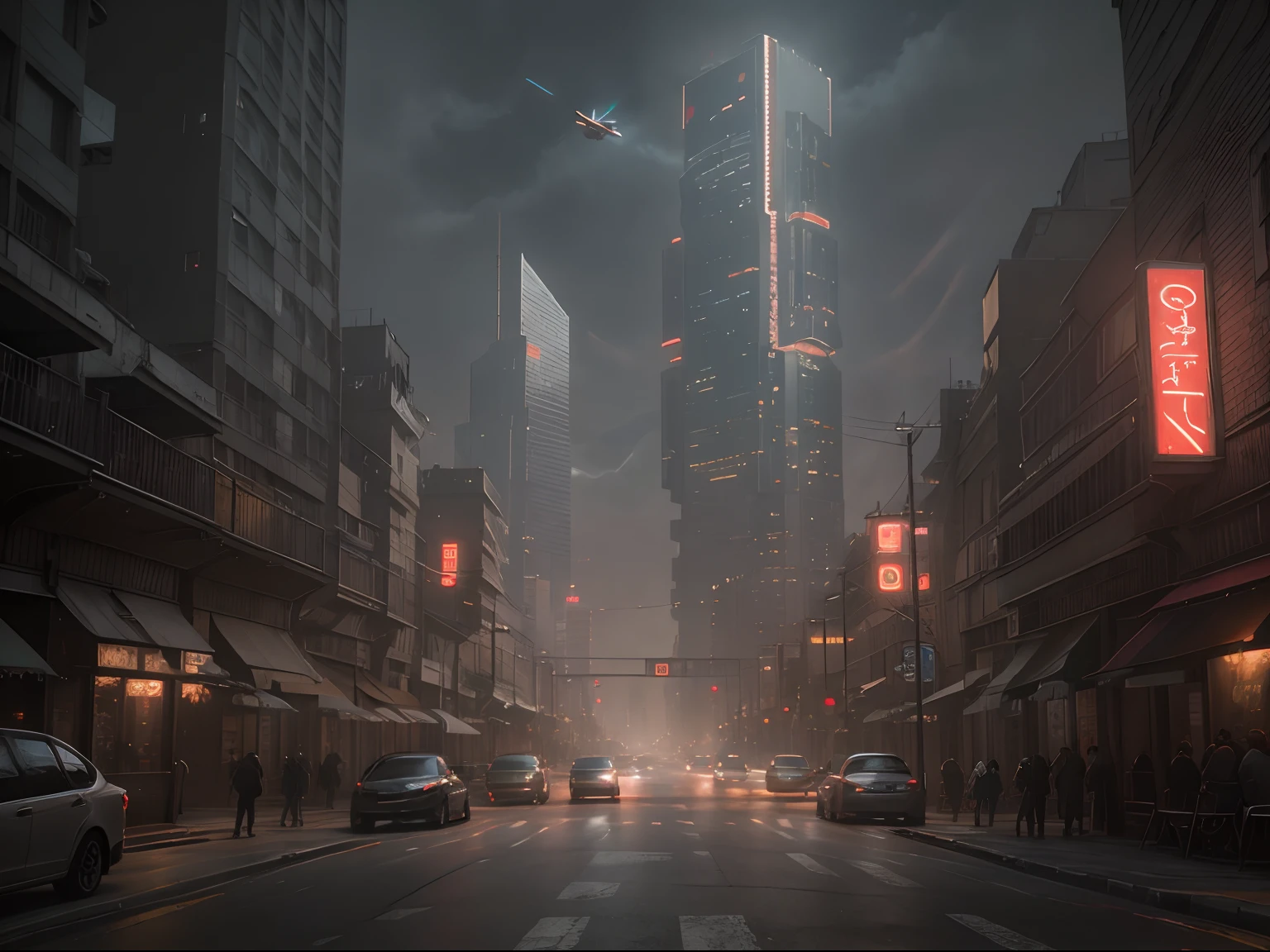 Escena callejera del paisaje urbano Cyberpunk con imponentes rascacielos, Letreros de neón brillantes y luces LED., tráfico y ((coches voladores)) en el cielo, dark atmosphere, iluminación cinematográfica.