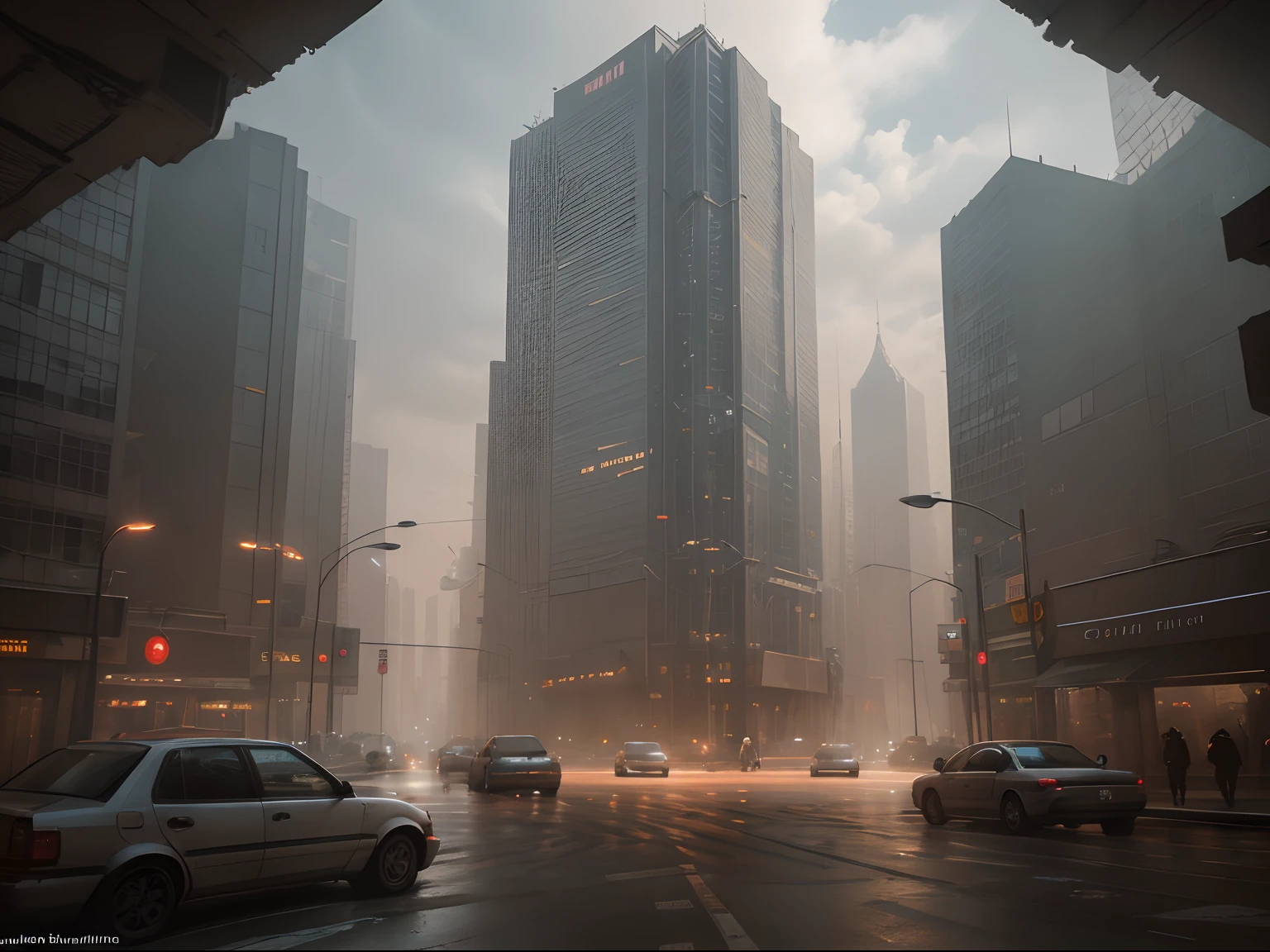 Cyberpunk cityscape street scene with towering skyscrapers, glowing neon signs and LED lights, traffic and ((flying cars)) in the sky, dark atmosphere, cinematic lighting.