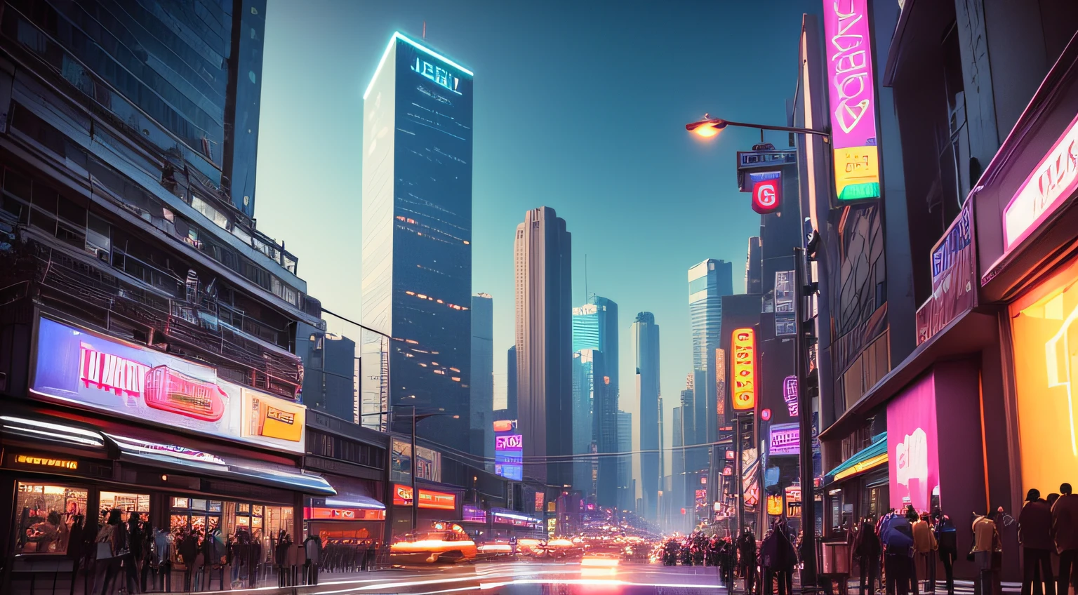 An isometric illustration depicting a vividly realized cyberpunk cityscape. The city is dense with towering skyscrapers, their windows aglow with warm light. Flying cars zoom by, their neon underlights leaving trails through the night sky. The streets below are bustling with life and activity. Pedestrians crowd the sidewalks, bathed in the neon signs and holographic billboards surrounding them. Street vendors hawk food from cybernetic food trucks. Augmented reality ads play on building facades. A high speed maglev train whooshes by on elevated tracks. The city centers around a large public plaza, where people gather and synthetic trees glow with bioluminescence. Holographic fountains send cascades of light into the air. Cafe tables spill out onto the streets, filled with patrons. Off in the distance, corporate arcologies rise above, vast megastructures housing apartments and businesses. The cityscape stretches far into the horizon, Eventually giving way to the vast ocean the metropolis sits beside. The illustration is highly detailed, with intricate textures on buildings and congested streets filled with traffic and city dwellers. Glowing neon signs, warmly lit windows, and holographic technologies all lend to the cyberpunk aesthetic. The depth provided by the isometric perspective allows all elements and layers of the complex cityscape to be visible. The scene is rendered in 8K with vivid, saturated colors that make the city pop against the pure white background.