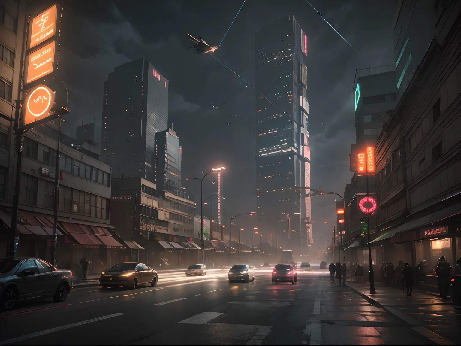 Cyberpunk cityscape street scene with towering skyscrapers, glowing neon signs and LED lights, traffic with futuristic cyberpunk cars and ((flying cars in the sky)), dark atmosphere, cinematic lighting, extremely detailed.