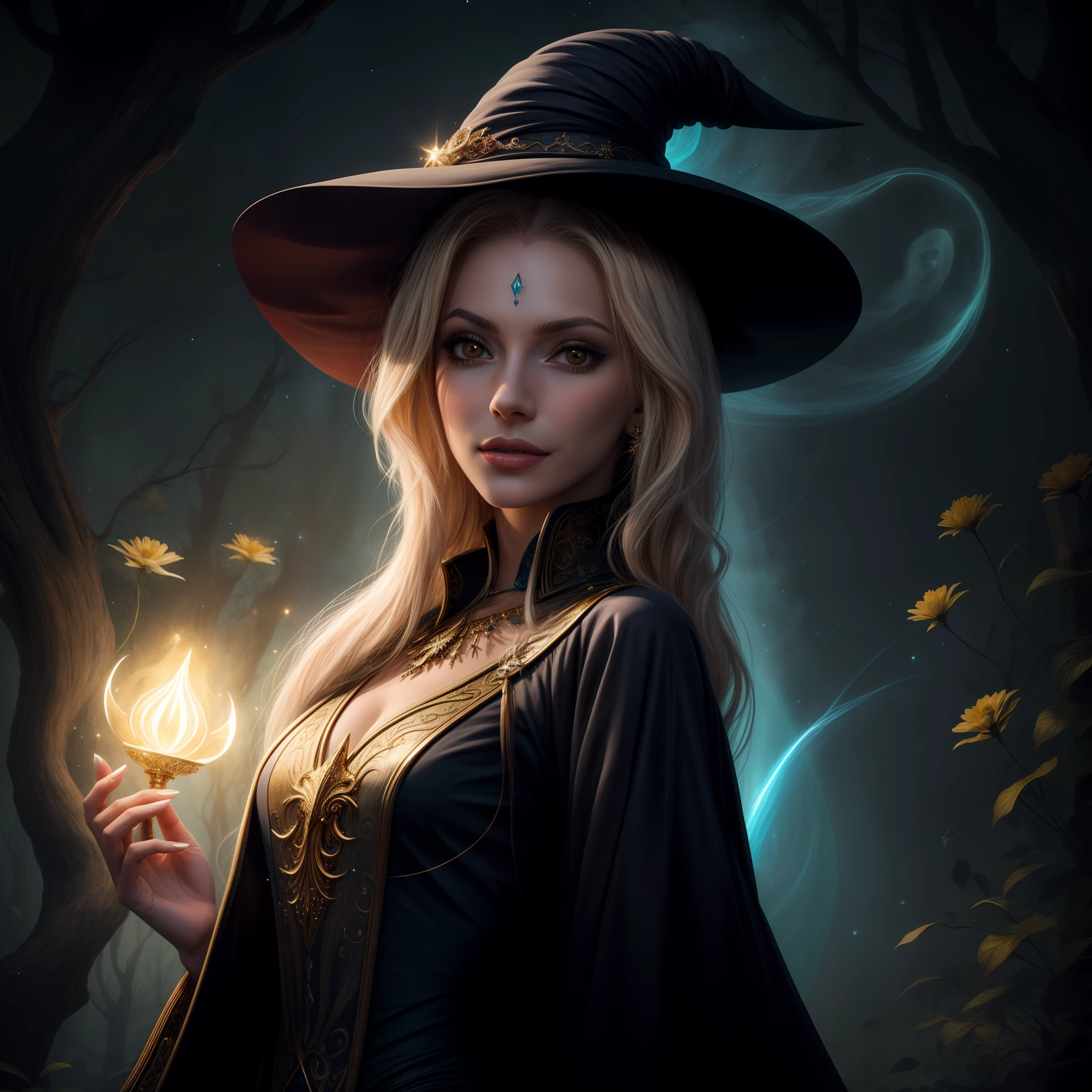 Woman with long blond hair with amber eyes and black dress, fantasy art style, beautiful fantasy art portrait, beautiful fantasy portrait, fantasy portrait, fantasy art portrait, pretty sorceress, beautiful wizard, pretty sorceress, portrait of a sorceress, beautiful character painting, beautiful celestial mage, a beautiful sorceress, beautiful digital art, dream artgerm, black forest, low backlight, dark evening, bright look, magie, wizard hat, very detailed hands, big boobies. very big boobs. perfect toes.