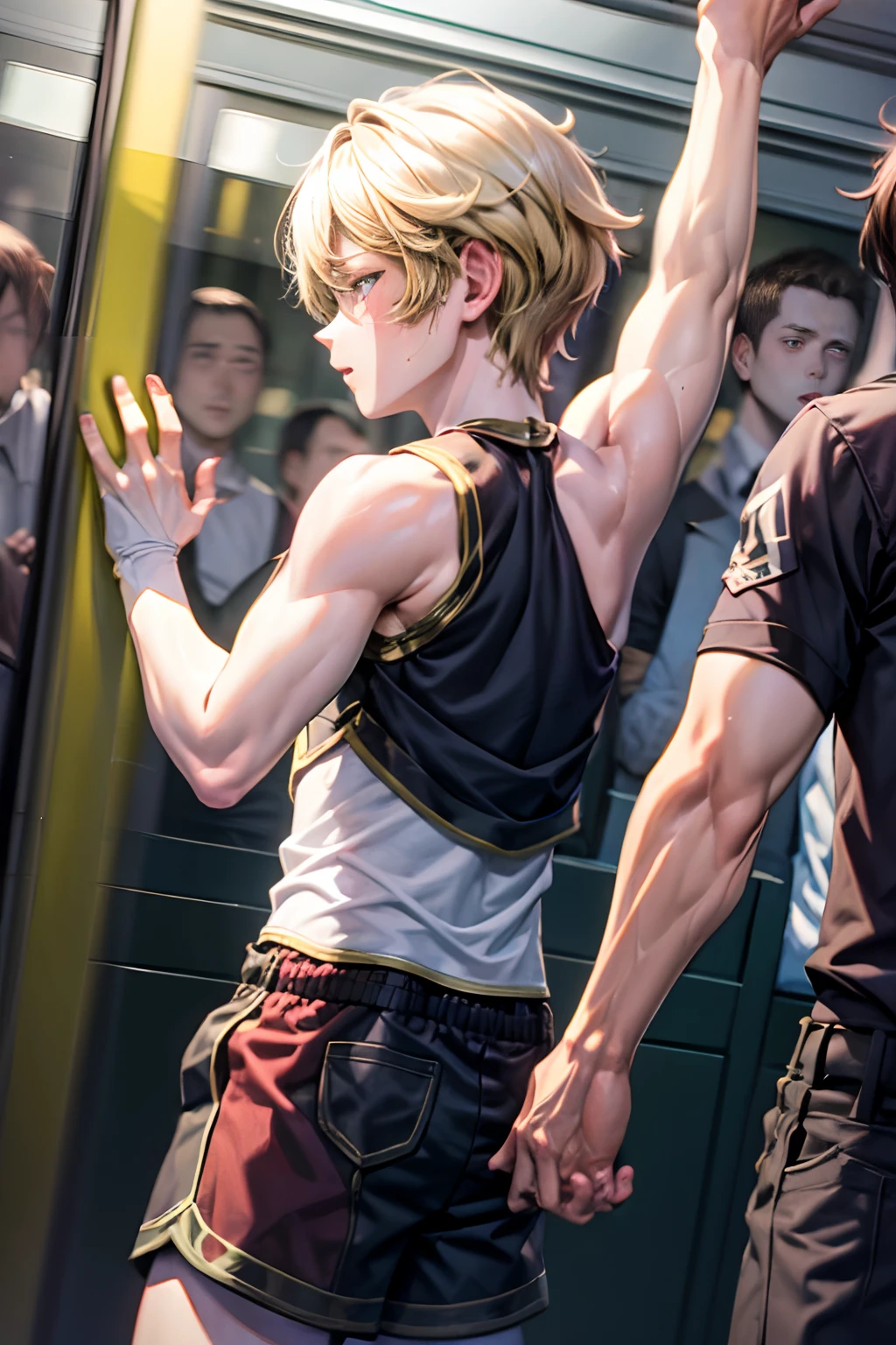 grasp、、 blonde short-haired boy in tank top grabs butt on bus、Raising arms to show armpits、shortpants、Beautiful Boys１a person、Fat uncle touching boy's ass１a person、Grabbing the buttocks、molesting、Touching your buttocks on the bus、summer、red blush、