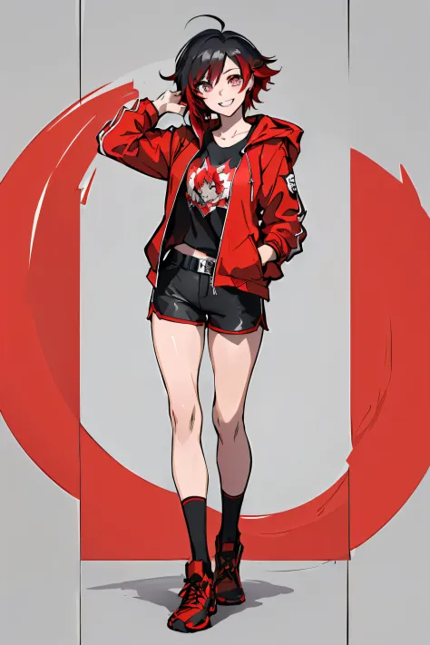 (absurdres, 8k, 4k, masterpiece, hyper extreme detailed:1.2), ((masterpiece,best quality)), absurdres, Ruby_RWBY, solo, looking at viewer, smiling, ruby rose, casualwear, shirt, jacket, hands in pockets, smile, red gradients, black hair, silver eyes, graph...