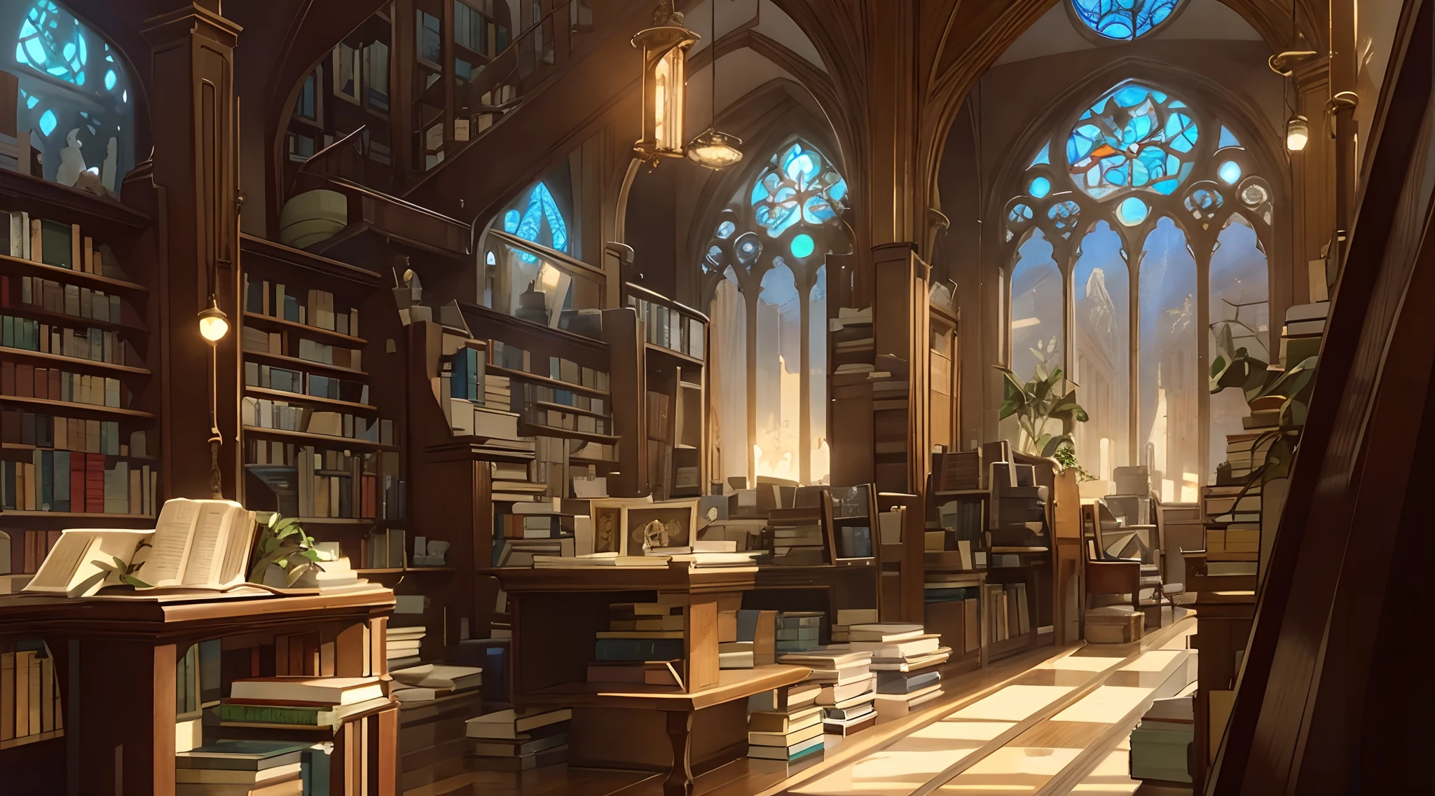 A breathtaking view of the Selexyz Dominicanen bookstore interior. Sunlight streams through the towering stained glass windows, illuminating rows upon rows of bookshelves. The scene is filled with bookworms engrossed in their reading, cozy reading nooks, and a serene atmosphere. Best quality, intricate details, clean lines, eye-catching composition, soft tones, anime realism, perfect illustration