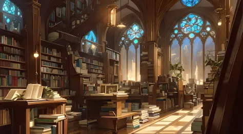 A breathtaking view of the Selexyz Dominicanen bookstore interior. Sunlight streams through the towering stained glass windows, ...