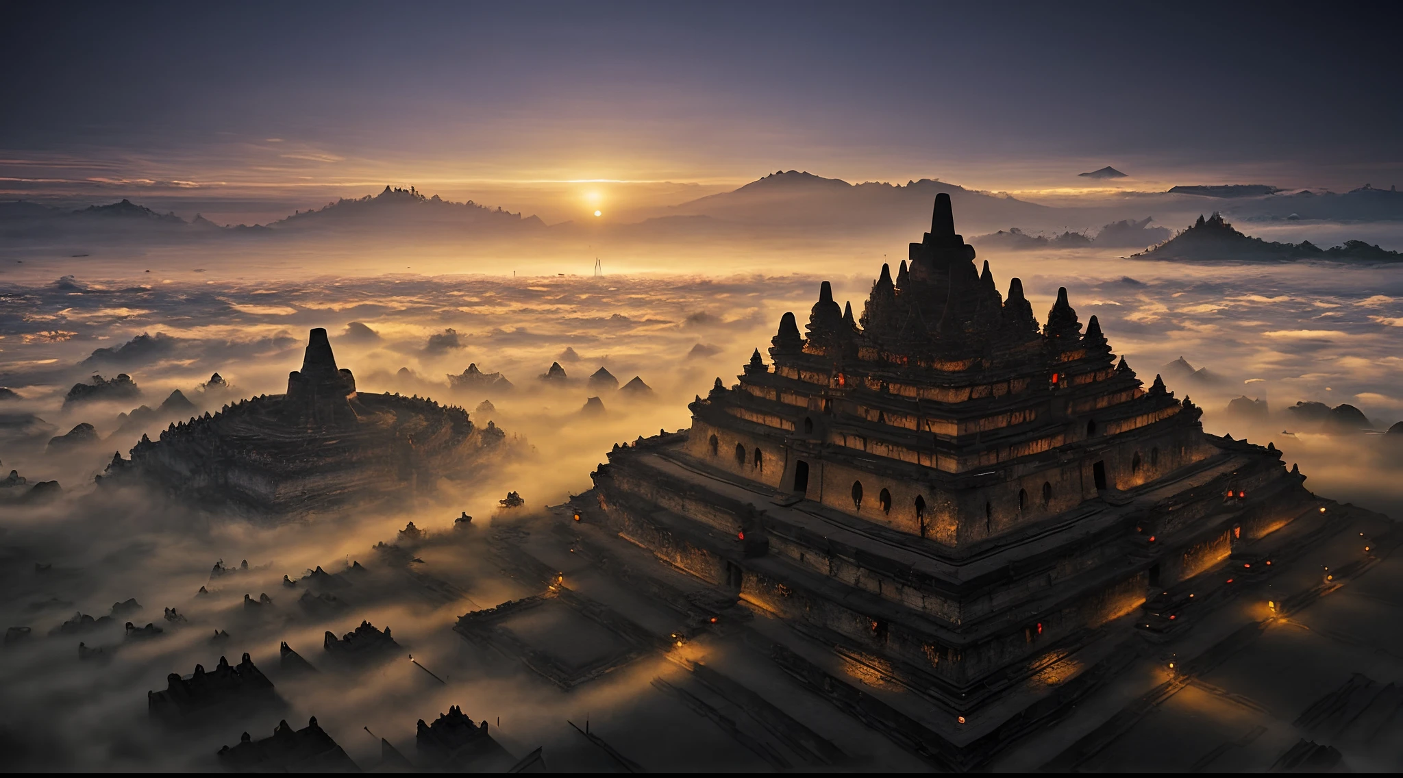 (masterpiece), (realistic), (cyberpunk style), portrait of candi buddha building complex, epic, fog, dawn, dramatic lighting, modern, mid of metropolitan,