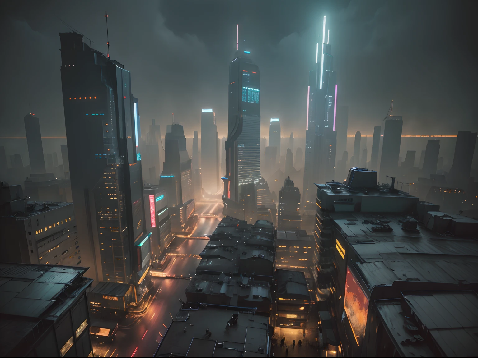 Cyberpunk Blade Runner cityscape scene from above with towering skyscrapers, ((glowing neon signs)) and LED lights, traffic with ((futuristic) cyberpunk cars) and flying machines in the sky, bright colors contrasting with dark atmosphere, (cinematic lighting), extremely detailed.