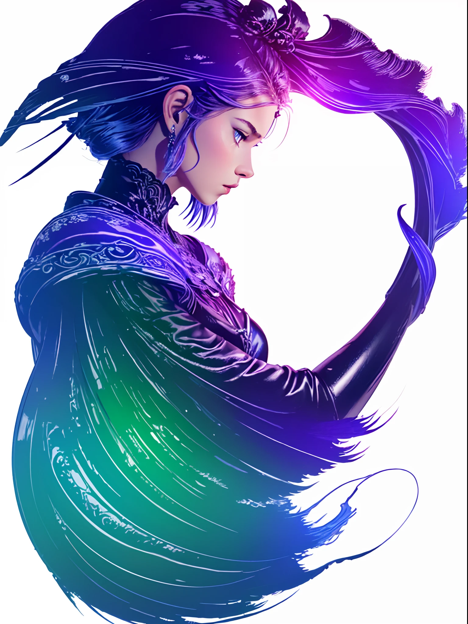 fflogo, white background, simple coloring, blue and purple gradient, masterpiece, best quality, intricate details, 1girl, solo, stunning paladin female, dainty, elegant, prim, proper, swirling magic, green eyes, side profile, full body,