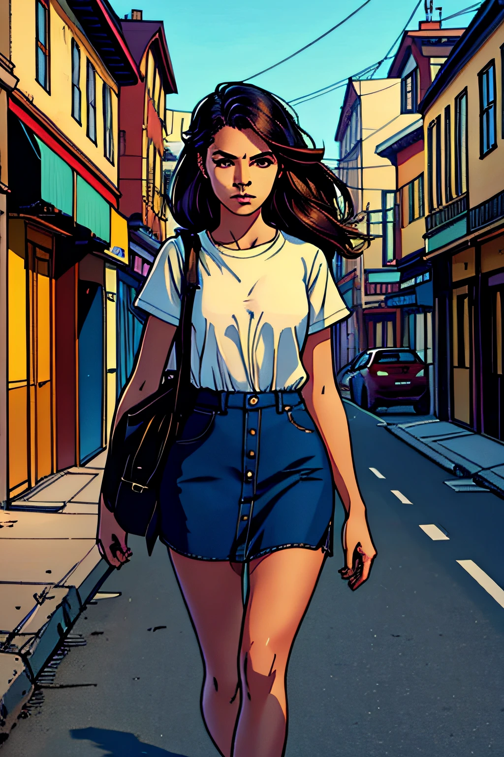 若い女性, アレックス, 通りを歩いている, 自分のビジネスを気にする. 彼女はシンプルな服を着ており、思慮深い表情を浮かべている。.
