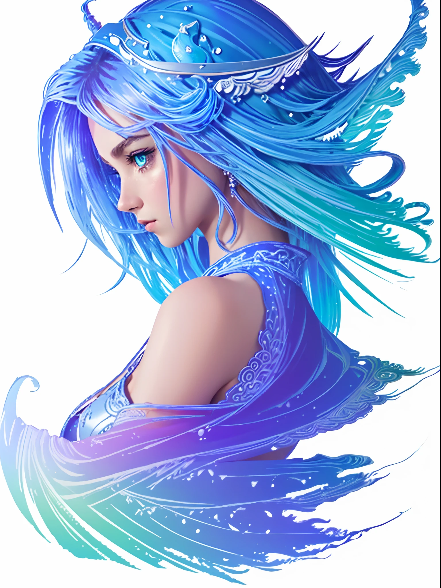 fflogo, white background, simple coloring, blue and purple gradient, masterpiece, best quality, intricate details, 1girl, solo, stunning paladin female, dainty, elegant, prim, proper, swirling magic, green eyes, side profile,