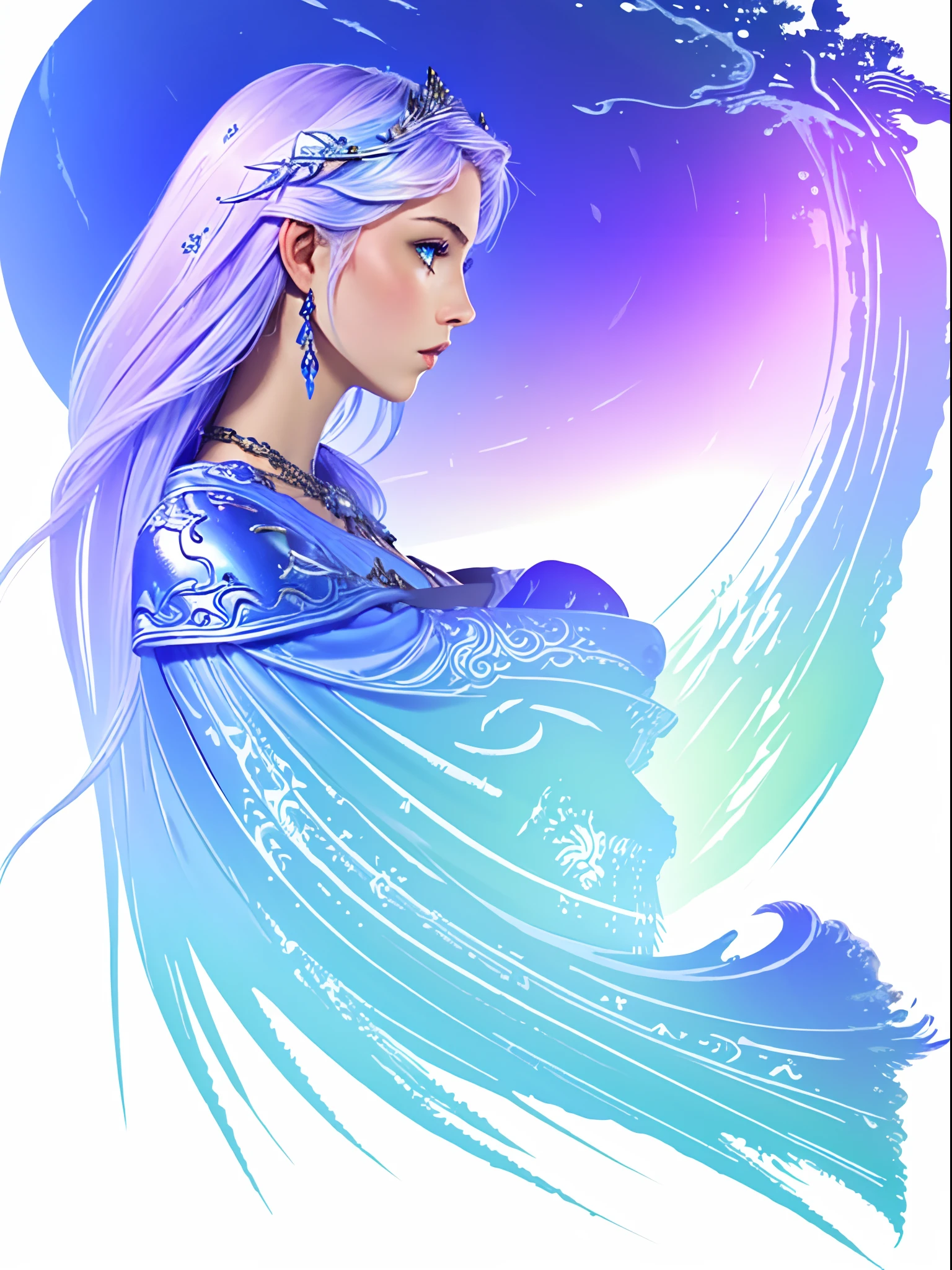 fflogo, white background, simple coloring, blue and purple gradient, masterpiece, best quality, intricate details, 1girl, solo, stunning paladin female, dainty, elegant, prim, proper, swirling magic, green eyes, side profile, full body,