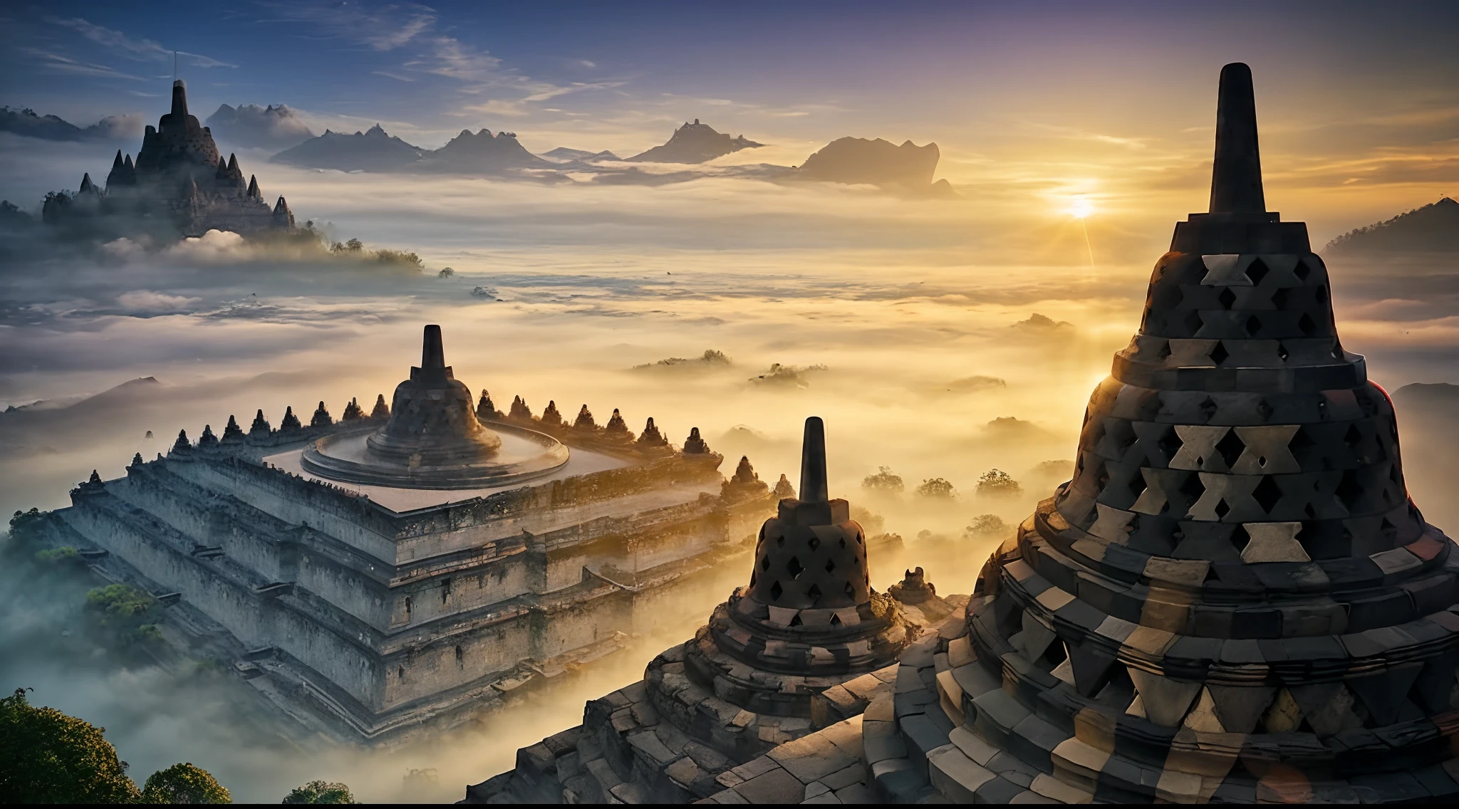 (chef-d&#39;œuvre), (Réaliste), (Indonésie), Portrait du temple de Borobudur, Magnifique complexe de temples, Héritage historique, épique, brouillard, aube, Éclairage dramatique, Magnifique lever de soleil, Montagnes, forêt, falaise, Magnifique ciel de lever de soleil, aventure