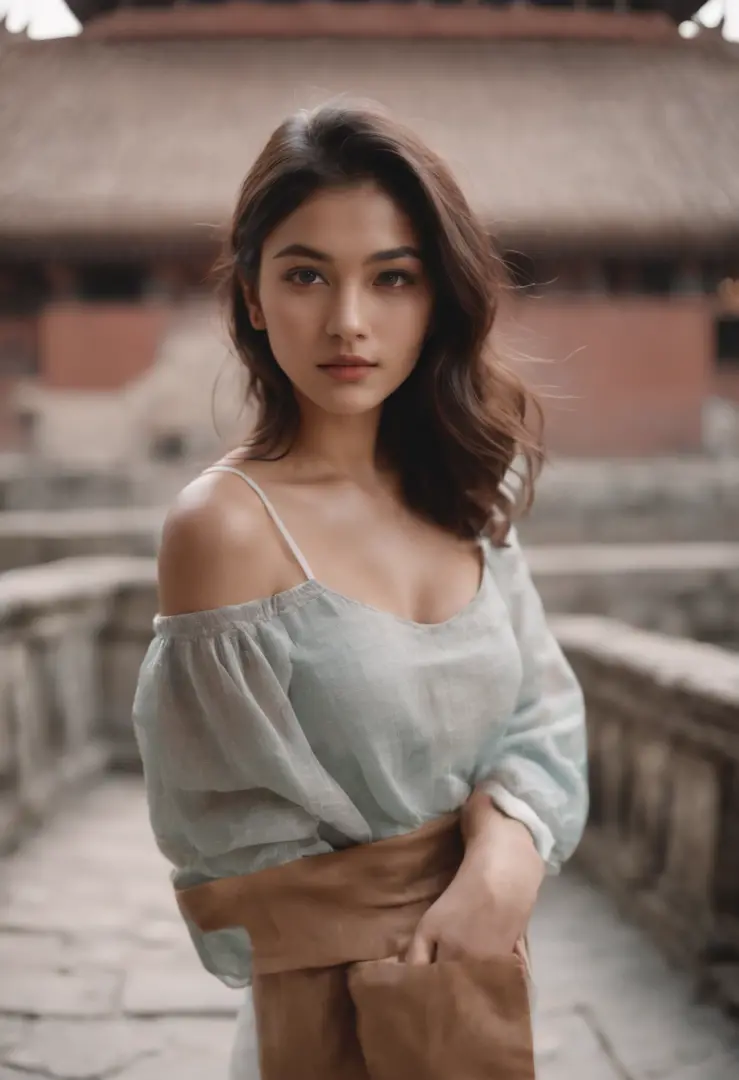 tourist, in the style of rap aesthetics, girl，Nepal，make for a memorable photo. The background is to the ancient temples and palaces of Kathmandu ，photo taken with fujifilm superia, charly amani, oversized portraits, babycore, full body, shorts, crop top