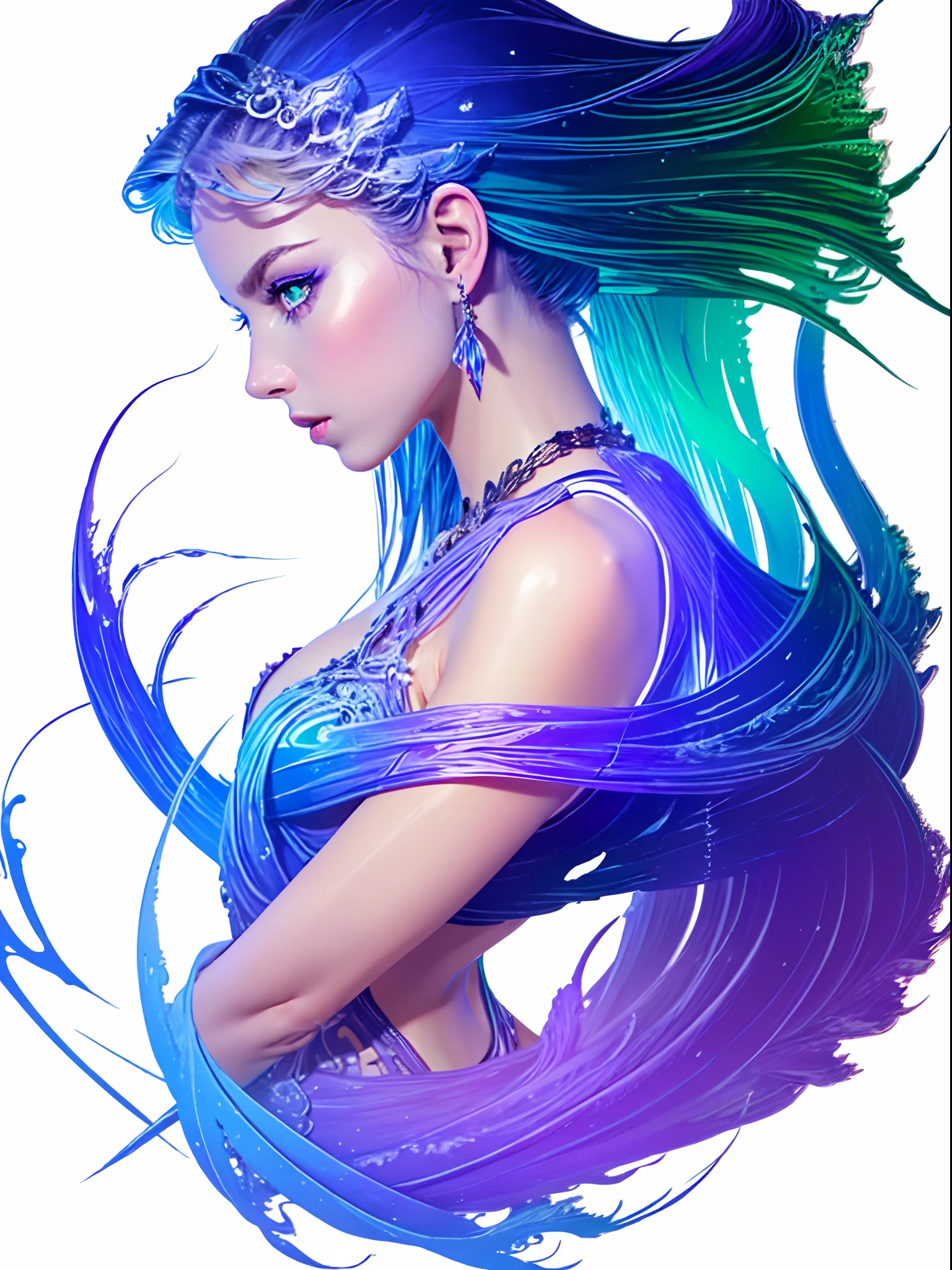 fflogo, white background, simple coloring, blue and purple gradient, masterpiece, best quality, intricate details, 1girl, solo, stunning warrior female, dainty, elegant, prim, proper, swirling magic, green eyes, side profile, full body,