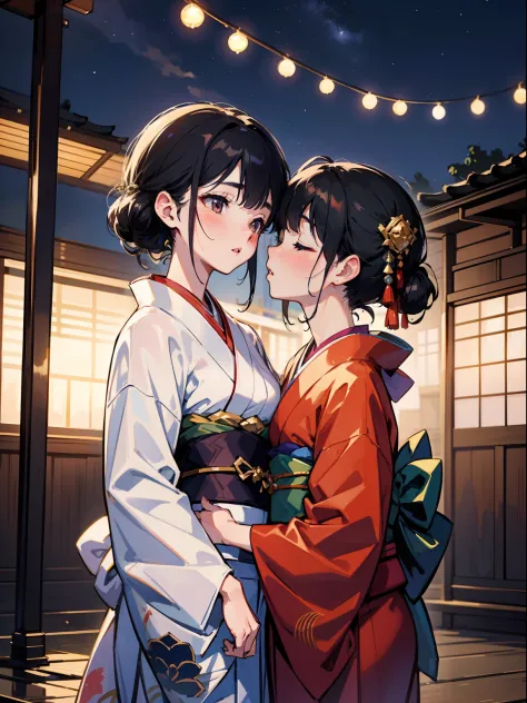 master-piece,hyper quality, hyper detailed,perfect drawing,two beautiful girls, lovers, dodging kisses, closing eyes, kimono bea...