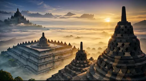 (masterpiece), (realistic), (Indonesia), portrait of Borobudur temple, Magnificent temple complex, historical heritage, epic, fo...