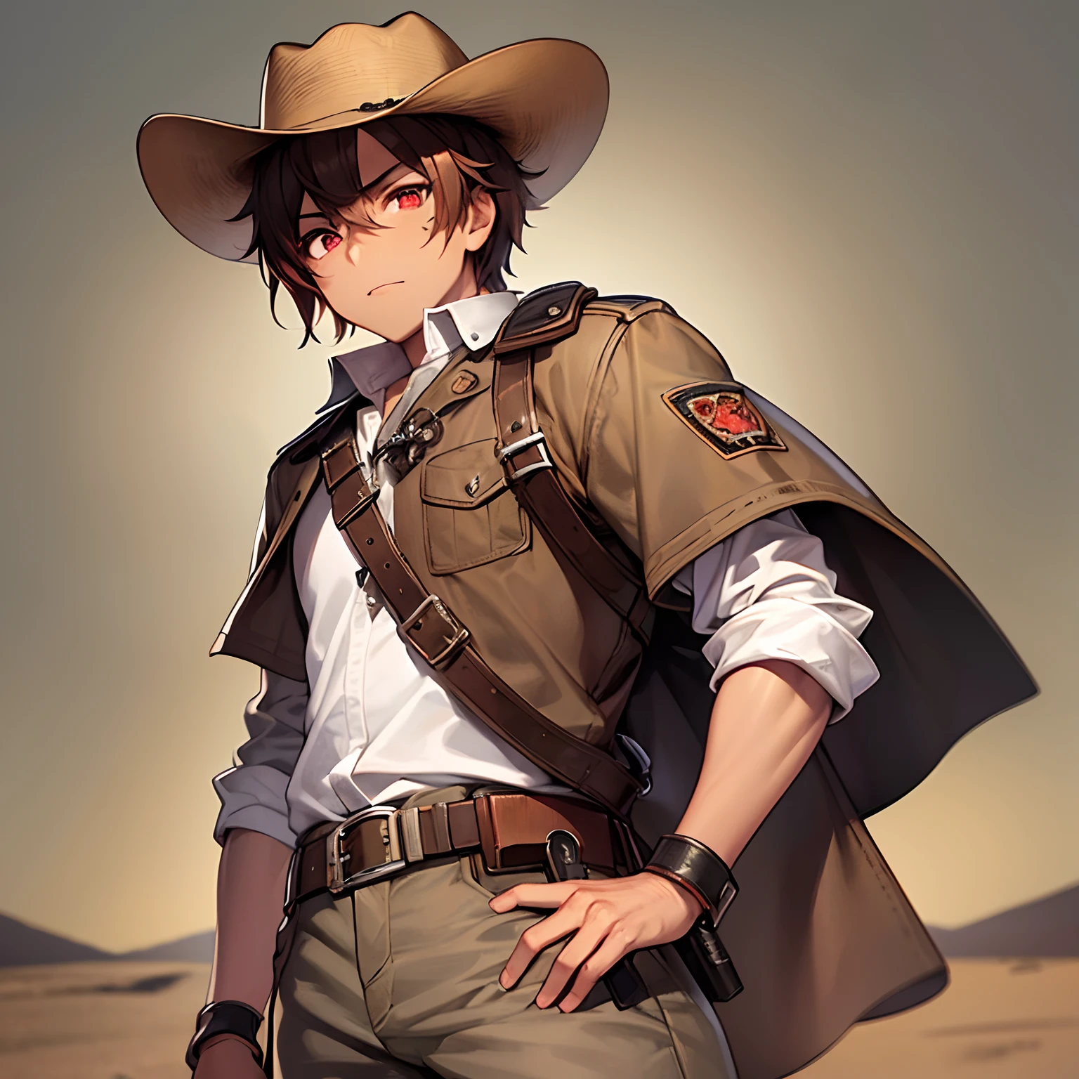 Red eyes, man, short brown hair, tan skin, brown cowboy clothes, brown cowboy hat, scar on the eye, guns attached to the belt, looking at the viewer, in a desert in Australia, solo, cowboy shot, male, masterpiece